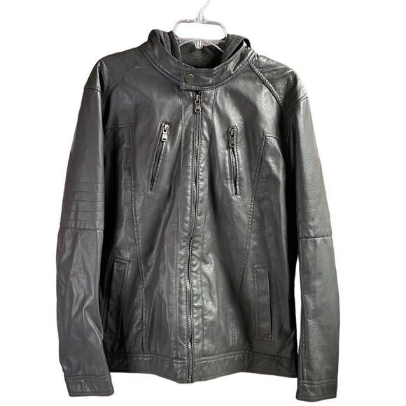 Carbon Jackets & Blazers - CARBON Women’s Hooded Faux Leather Riding Jacket Coat Dark Grey Size Large